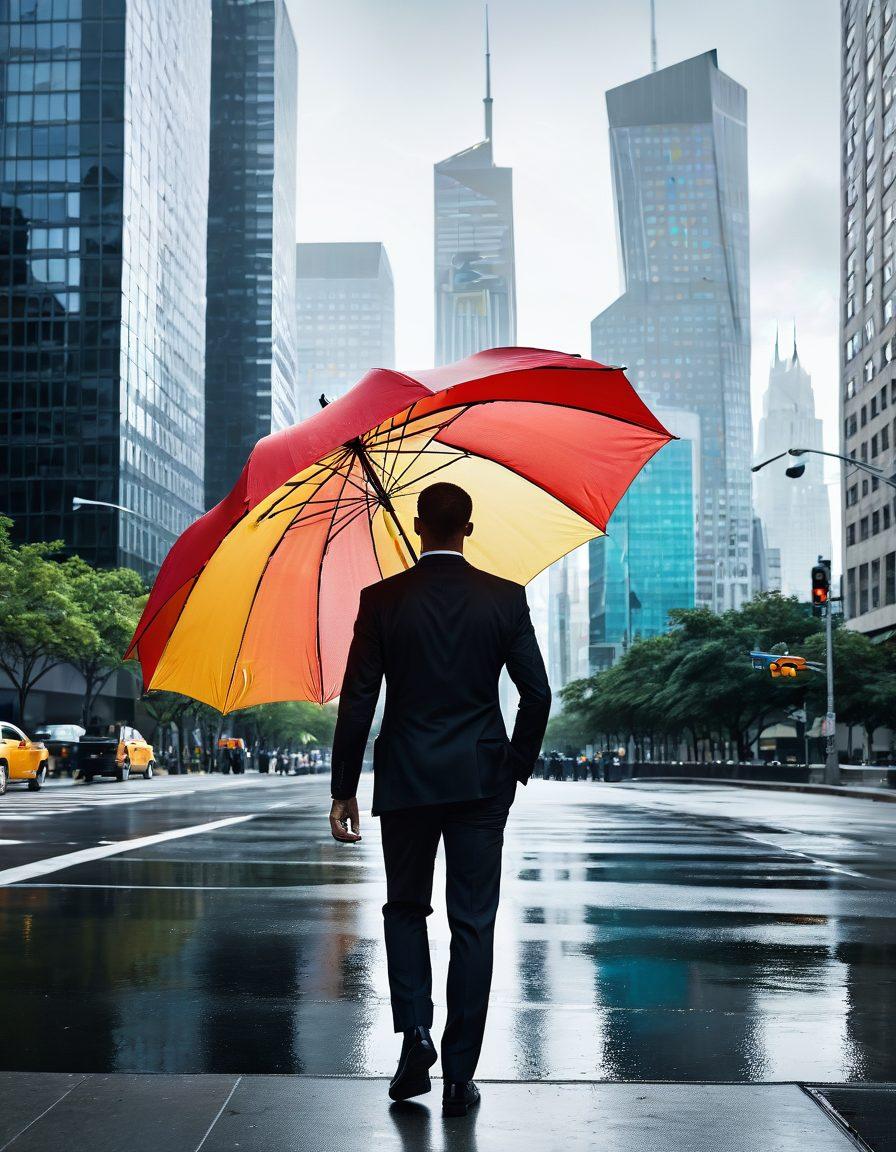 A professional, determined person holding an umbrella symbolizing protection against various risks, such as storms and falling objects, set against a backdrop of a bustling city skyline. Incorporate visual metaphors for insurance, like shields and safety nets, to emphasize security and stability in one’s career. The color palette should be bold and optimistic, conveying hope and resilience. super-realistic. vibrant colors. white background.