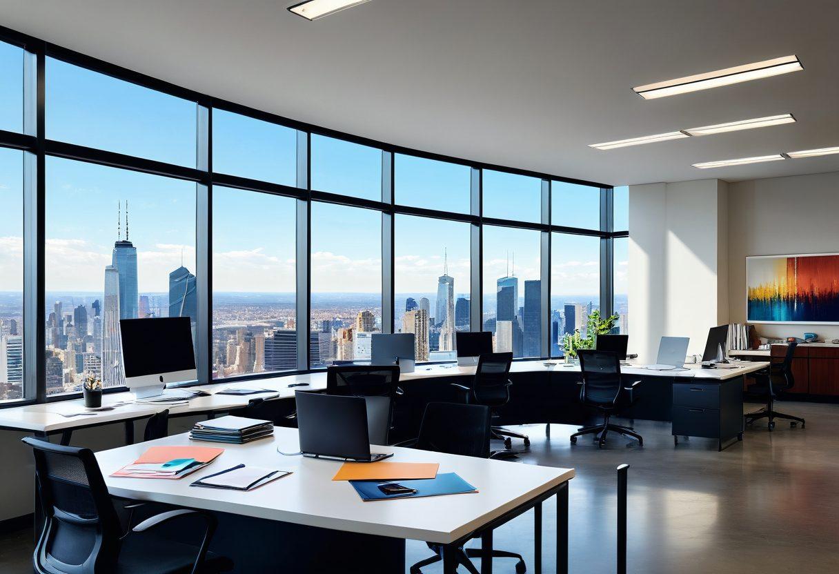 A modern, well-lit office space featuring a diverse group of job seekers engaged in a lively discussion about career paths and insurance solutions. Include elements like laptops, résumé papers, and insurance brochures scattered around a sleek table. In the background, a large window shows a city skyline, indicating opportunity and ambition. The atmosphere is energetic yet professional, symbolizing hope and growth in career journeys. super-realistic. vibrant colors. 3D.